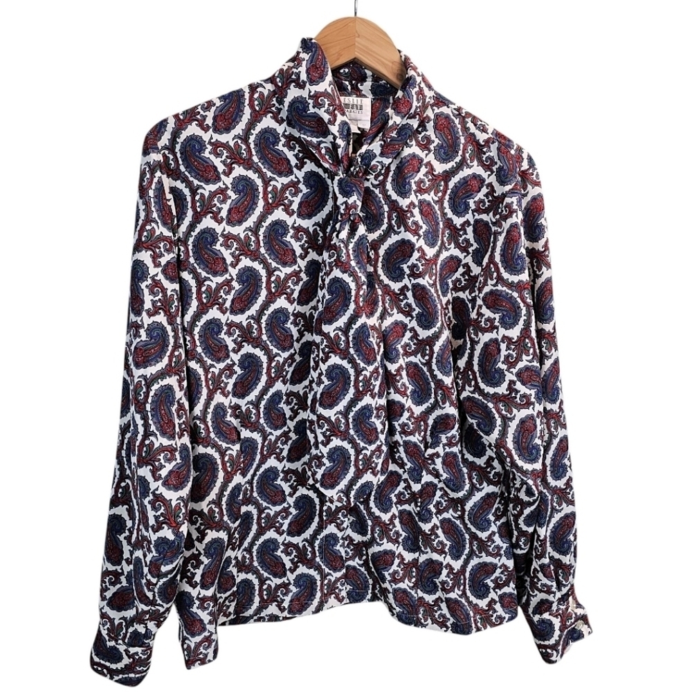 Vintage 1970s Leslie Fay Paisley Bow Collar Blouse Size Medium Red White Retro - Picture 10 of 15